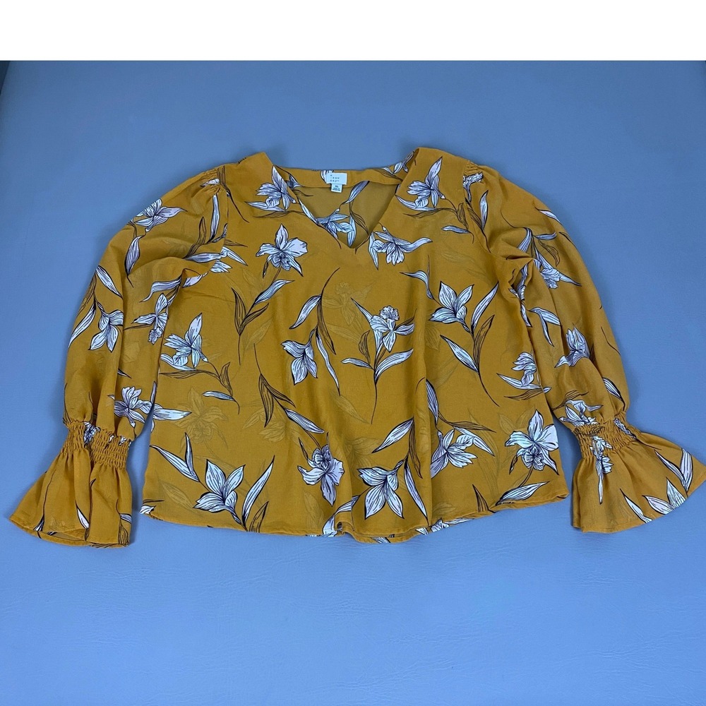 A New Day Blouse Top Women's Size XL Mustard Yellow Floral‎ V-Neck Smocked Cuff